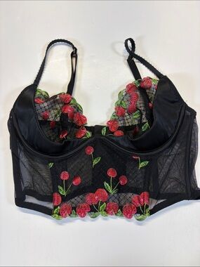 Black Sheer Cherry Embroidered Corset Bustier Crop Top Bralette Size Small
